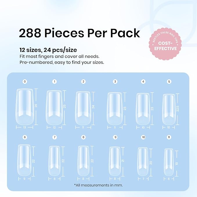 Beetles Gel Nail Tips Square Medium, 288Pcs 12 Sizes Pre-Etched Half Matte Soft Acrylic False Nail Tips Full Cover Easy DIY Fake Etch-X Press On Nail Extension Salon Gift for Women