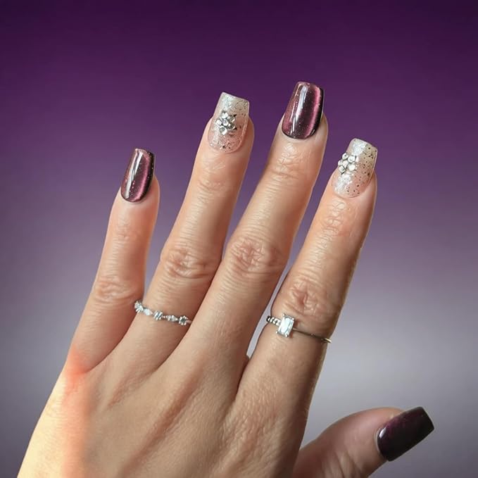 Neon Press on Nails Short Coffin, Handmade Acrylic Cat Eye Pink Purple Glitter Gradient with 3D Silver Stars & Rhinestone Flowers (Gemstone Starry Night,M)