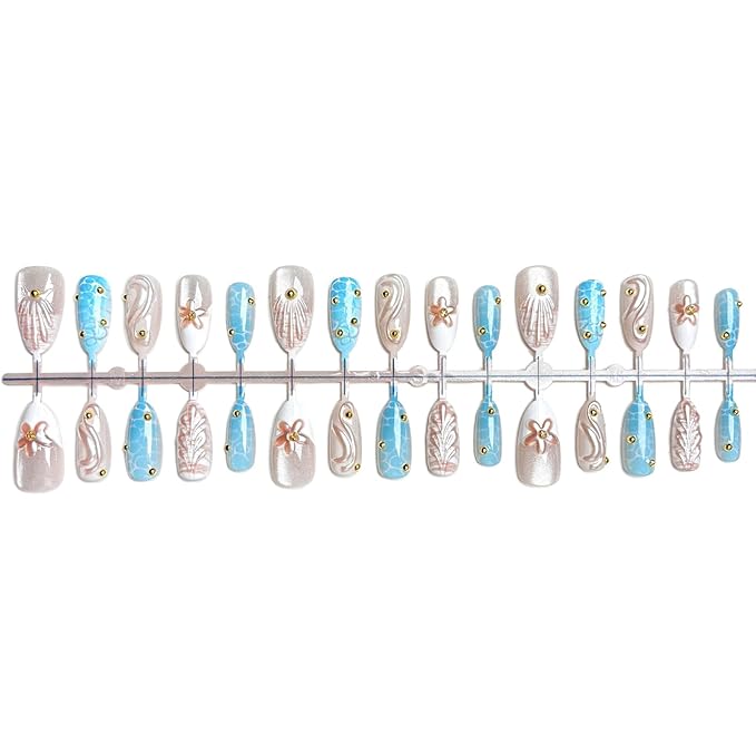 30Pcs Handmade Press on Nails Medium Almond Fake Nails 3D Gold Beads Stick on Nail French Tip Ocean False Nails with Shell Water Ripples Designs Reusable Full Cover Acrylic Nail for Women