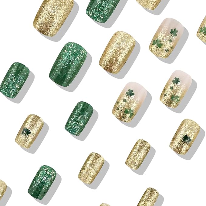 St. Patrick's Press on Nails Medium Square Fake Nail Gold Green Glitter False Nails Full Cover Clover Stick on Nails Green Glue on Nail Artificial Acrylic Nails for Women 24Pcs