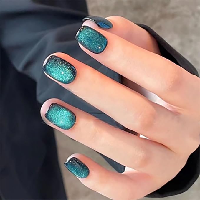 Cat Eye Green Press On Nails Short Square, Designer Reusable Acrylic Fake Nails with Glue, Glossy Soft Gel Nails Wedding and Party, Stick On Glue On Nails, Nails Press Ons fro Women