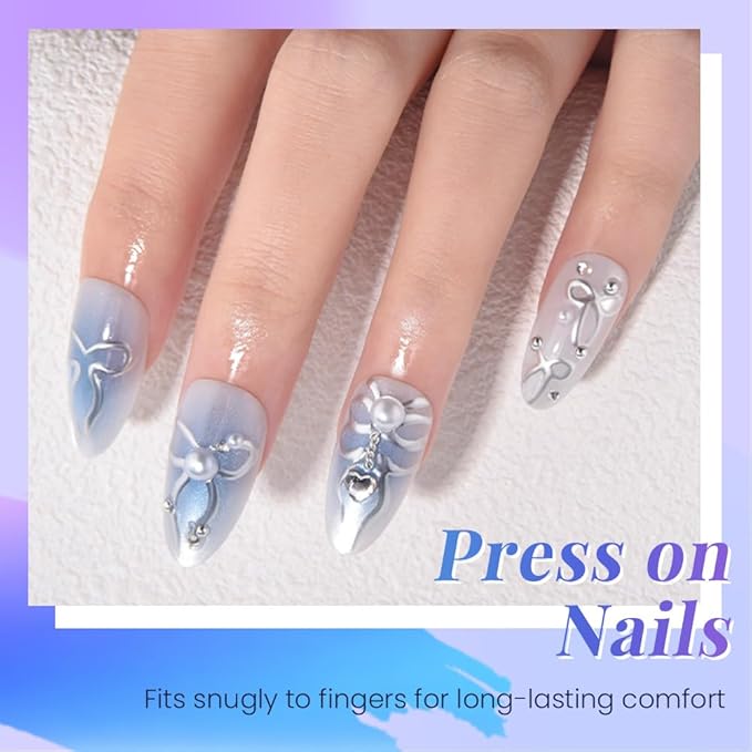 evpct White Blue 3D Shimmery Press on Nails Short Almond with Silver Line Heart Design, Cat Eye Pearl Stick on Nail for Women Gift, Reusable Full Cover Soft Gel Press on Fake Nail with 3D Design