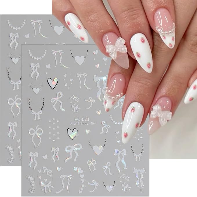8 Sheets Valentines Day Nail Stickers for Nail Art Self-Adhesive Cute Bow Nail Art Stickers 3D Laser Bowknot Heart Star Nails Decals Red White Design French Tip Manicure Decorations Supplies for Women