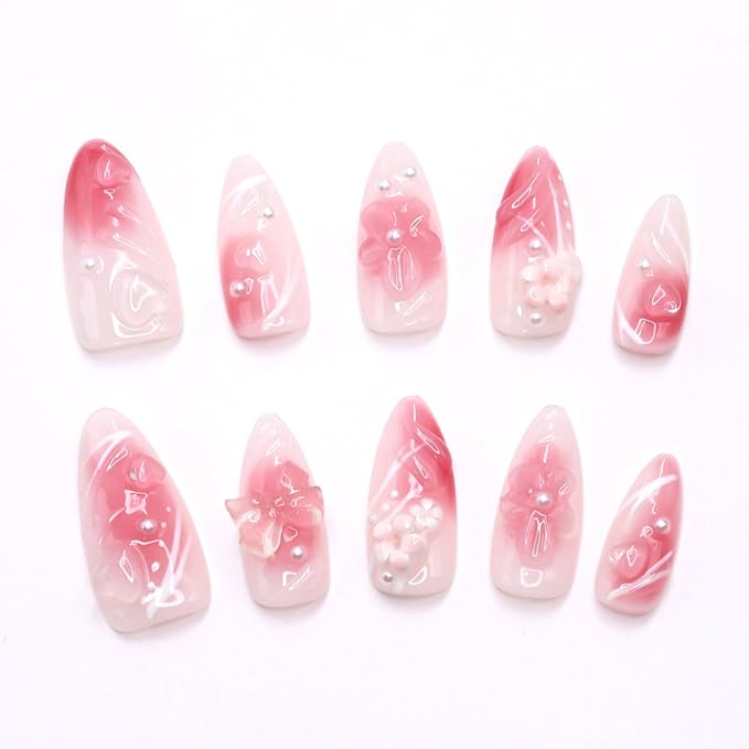 Pink Gradient Press on Nails Handmade Press on Nails Medium Almond Fake Nails Muti-Layer Gel Acrylic Nails with Flower Pearl Bow Embossed Design Thick False Nail Glue on Nail for Women (Size S)