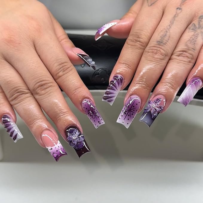 3D Press on Nails Long Square Dark Purple Fake Nails with Flower Design French Tip False Nails Full Cover Glossy Stick on Nails for Women Manicure 24PCS