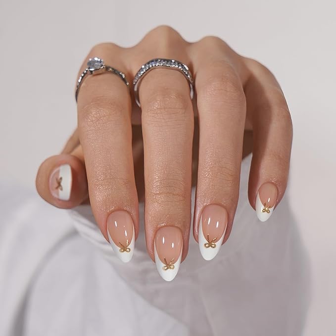 BTArtbox Press on Nails Short -White Designed French Tip Press On Nails Almond with Bow, Glue On Nails for Gifts, Natural Stick On Nails in 16 Sizes - 30 Fake Nails Kit, Dinner Star