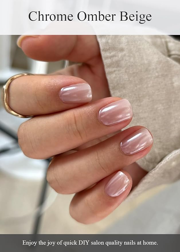 Semi Cured Gel Nail Strips (Chrome Omber Beige), Pearl Glazed, 30 Pcs Gel Nail Wraps, Stickers, UV Light Required