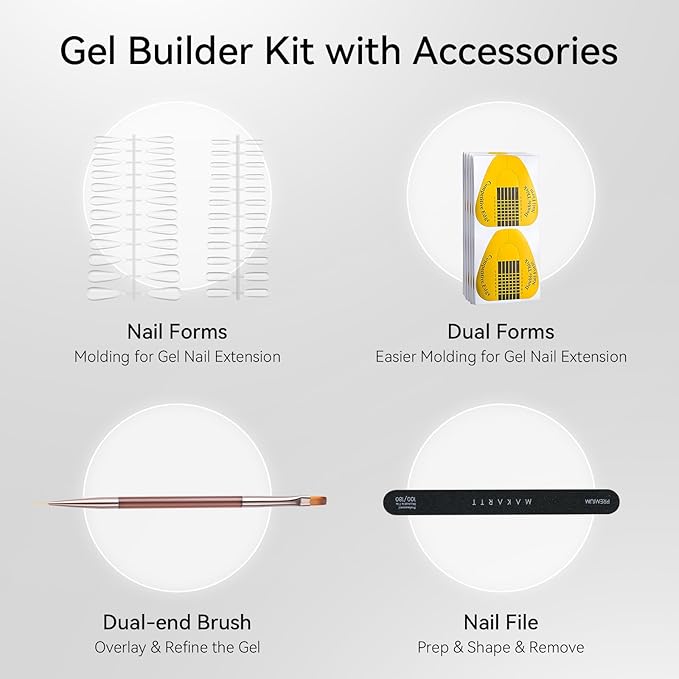 Makartt Clear Gel Builder Kit: Self-Levelling, Long Lasting Extension Hard Gels for Strengthener, Broken Nails Repair Gel Kit with Paper Forms, Dual forms, Nail File and Dual-End Brush 1.06 oz