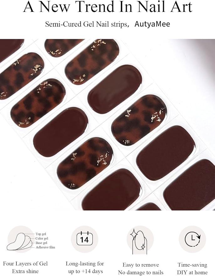 Semi Cured Gel Nail Strips (Dark Brown Amber), 20 Pcs Gel Nail Wraps, Stickers, Salon Quality, Long Lasting, Works with Any UV Lamps