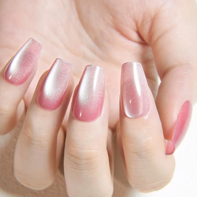 evpct Pink Cat Eye Press on Nails Square Medium Coffin, Medium Square Stick on Nails for Women Gift, Plum Pink Metallic Glitter Glossy Reusable Spring Summer Press on Acrylic Fake Nail with Design