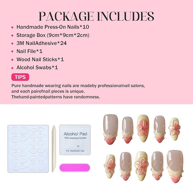 Almond Press on Nails Gradient French Tip Luxury False Nails Full Cover Handmade Press on Nails 3D Flower Water Ripple Designs Medium Thick Acrylic and Muti-Layer Gel Fake Nails for Women (Size M)