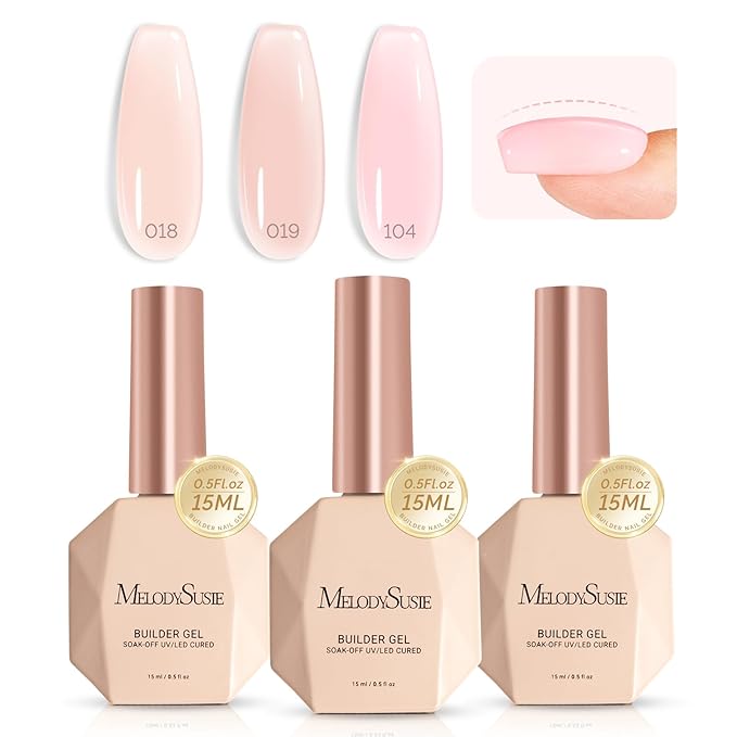 MelodySusie 3PCS 15ML Nude and Nude Pink Base Colors Builder Gel Set for Nails Thickening, Soak Off UV Extension Gel Rhinestone Glue in a Bottle for Nail Art Design Gift for Women DIY Manicure at Home