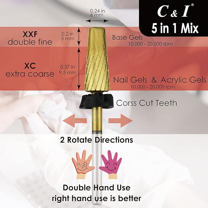 C & I 5 in 1 Nail Drill Bit, Mixed Sizes Edition, Cross Teeth, 2 Way, Professional Multi-function Nail Drills for Electric Manicure Drill Machine, Shank 3/32” (Mix, XC & XXF)