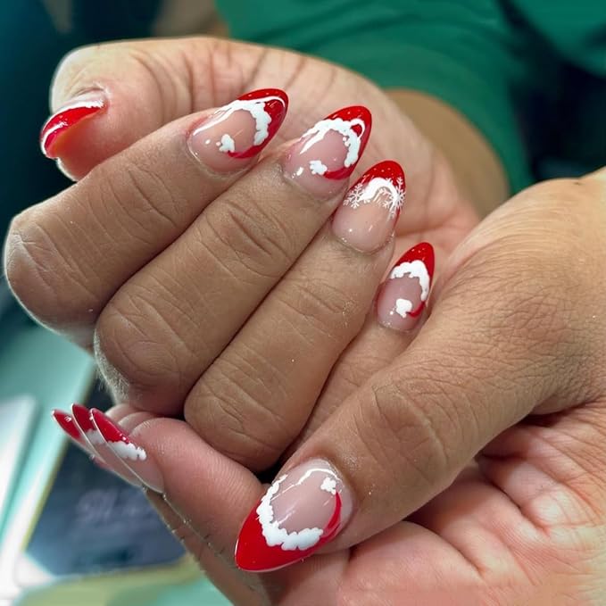 Christmas Press on Nails Short Almond Fake Nails Christmas Hat French Tip False Nails Press ons Cute Full Cover Stick on Nails Winter Xmas Acrylic Nail for Women Manicure 24Pcs