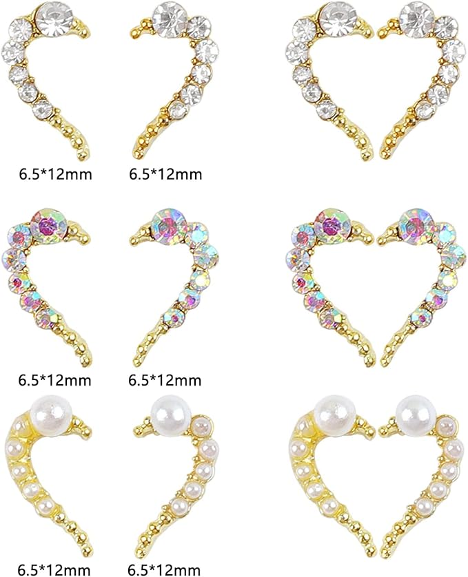 30 Pcs Heart Nail Art Charms,Gold Half Heart Shaped Nail Charms 3D with Rhinestones & Pearls,Symmetrical Heart Nail Jewelry White Gold