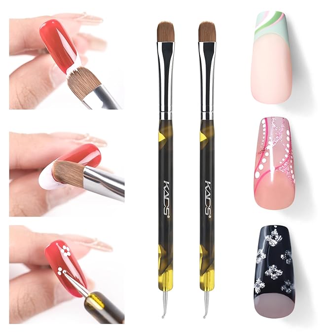 KADS 2 Way French Brush Acrylic Sable Brush 2 Way Acrylic Professional French Manicure Clean-up Brush Nail Art Brush Nail Dotting Pen (#12 2Pcs)