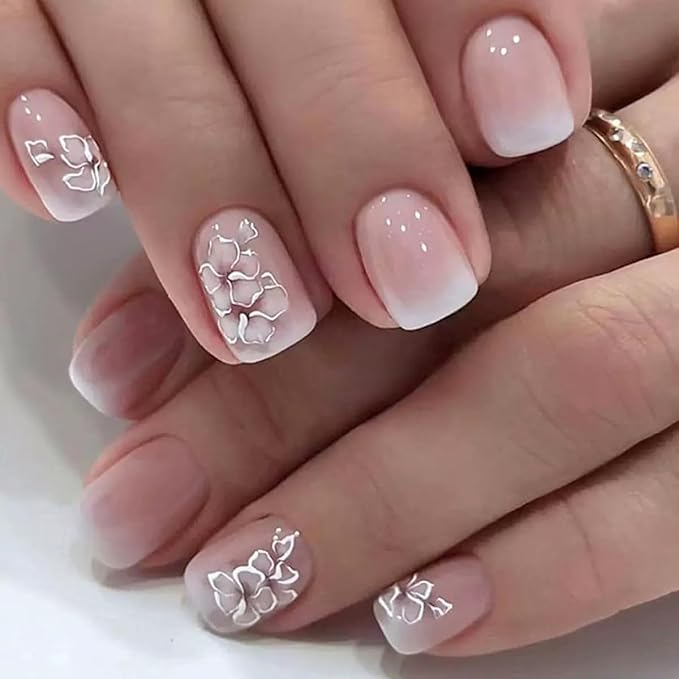 Short Square Press on Nails - Ombre Pink Fake Nails with Flower Design - Spring False Nails Press ons - for Women Manicure 24 Pcs