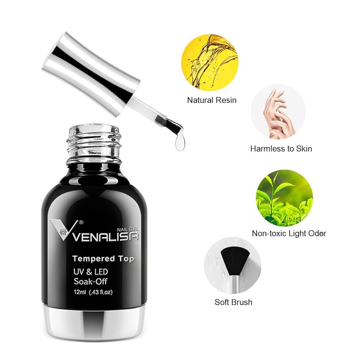 VENALISA 2 Pcs No Wipe Tempered Gel Top Coat and Base Coat Set Gel Nail Polish, Soak Off UV LED Nail Gel Polish Nail Art Starter Manicure Salon DIY at Home