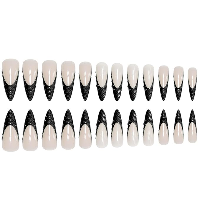 Long Press on Nails Stiletto Fake Nails Black French Artificial Nail with 3D Water Droplets Designs Extra Long Glossy Cute Stick on Nail for Women 24pcs