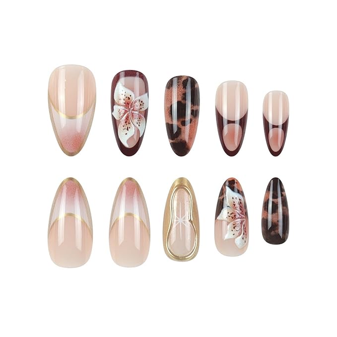 Medium Press on Nails Almond Fake Nails French False Nails Brown Artificial Nails with Gold Charm Designs 3D Flowers Handmade Nails Floral Stick on Nails for Women 24pcs
