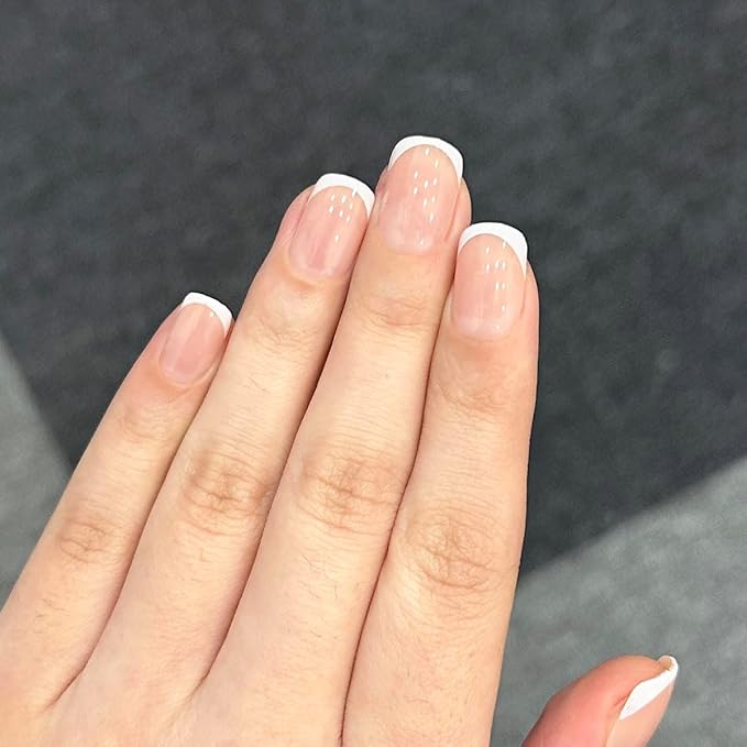 White French Tip Press On Nails, Extra Short Square Designer, Reusable Acrylic Fake Nails with Glue, Glossy Soft Gel Nails for Wedding and Party, Stick On Glue On Nails for Women - Gift