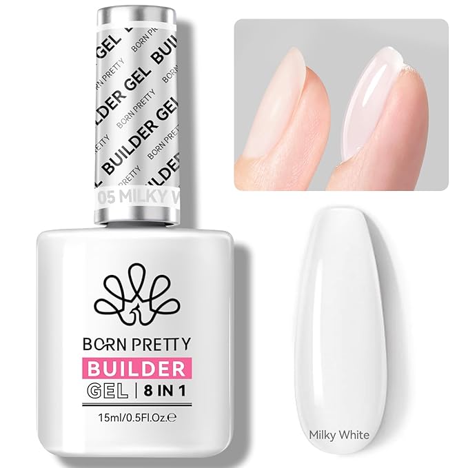 BORN PRETTY Builder Gel for Nails, 8-in-1 Milky White Clear Builder Nail Gel for Nail Apex and Gel Extension Strengthener, Nail GLue Gel Hard Gel Base Rhinestone Nail Glue Gel in a Bottle 15ml