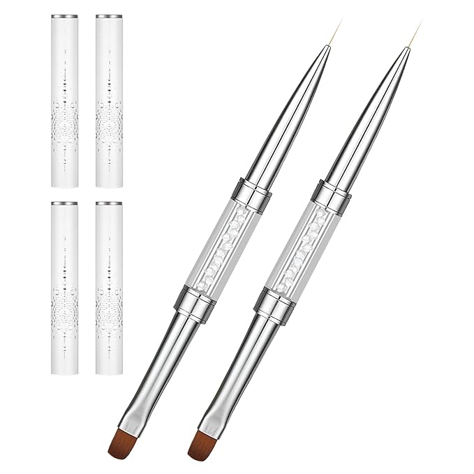 Double Ended Nail Builder Gel Brush, 2 Pcs French Tip Liner Brush White Nail Design Brushe With Rhinestone Handle Naile Drawing Brushes Nails Liner Brushes for Design UV Hard Gel Nails