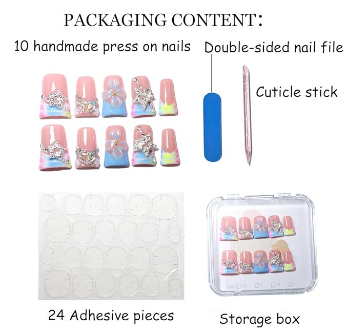 10Pcs Duck-shaped Handmade Press On Nails | French Style with 3D Floral & Rhinestone Decor | Easy to Apply, Remove & Reusable, Salon - Quality (251205, S)