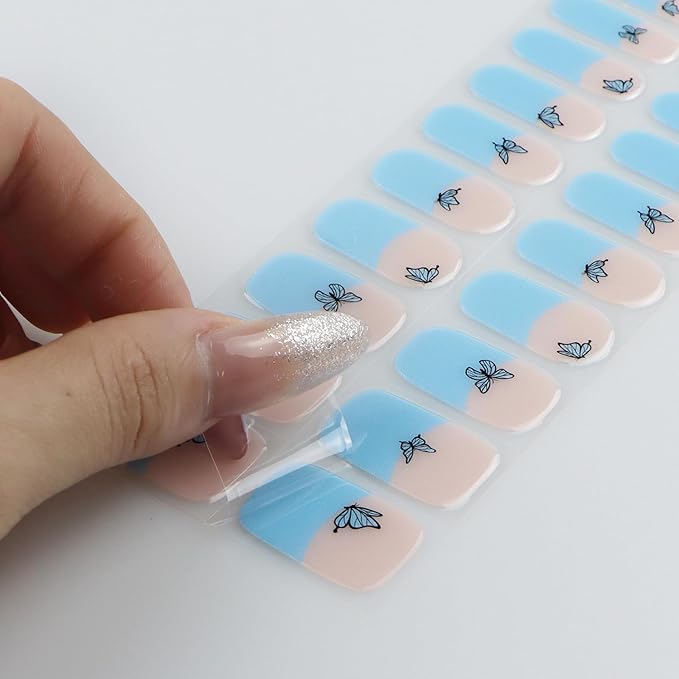 JMEOWIO Gel Nail Stickers Blue Butterfly French Tip Semi Cured Gel Nail Strips Wraps UV/LED Supplies Nails Art Design Decoration Accessories