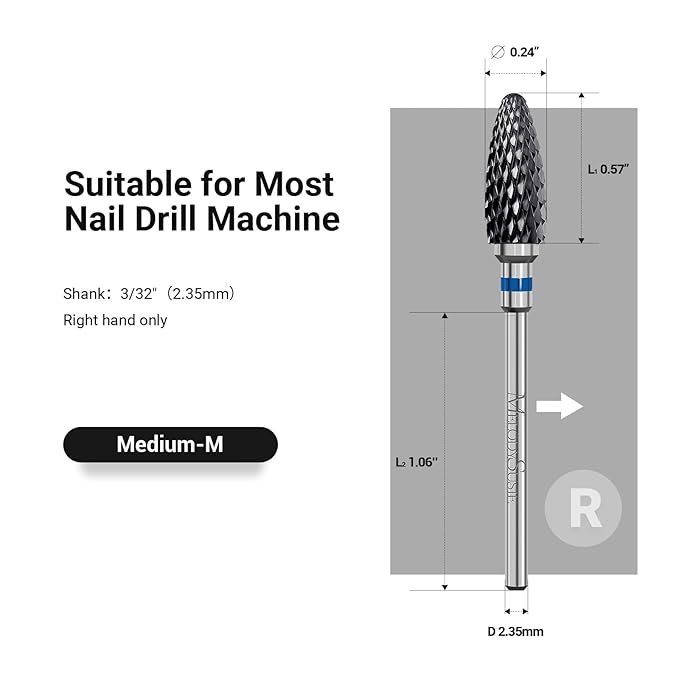 MelodySusie Ceramic Nail Drill Bit, 3/32'' (2.35mm) Professional Acrylic Nail File Flame Drill Bit for Manicure Pedicure Cuticle Gel Nail Polishing, Beginners Bits, Black, Series Bit-S, Medium