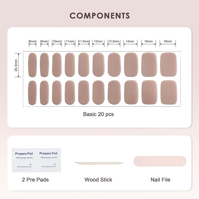Semi Cured Gel Nail Strips – Real Gel Nail Polish Wraps for Brittle Nails | Waterproof Long Lasting Easy Peel-Off Removal | Hema-Free | 20-Piece Nude Brown Salon Kit with File & Stick