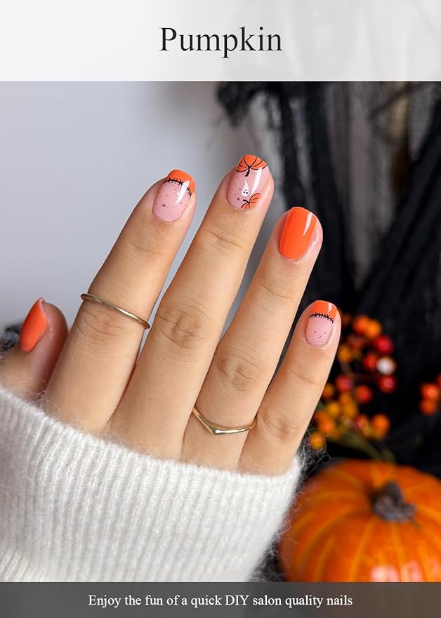 Semi Cured Gel Nail Strips (Pumpkin), Orange, 20 Pcs Thanksgiving Gel Nail Wraps, Stickers, Salon Quality, Long Lasting, Works with Any UV Lamps