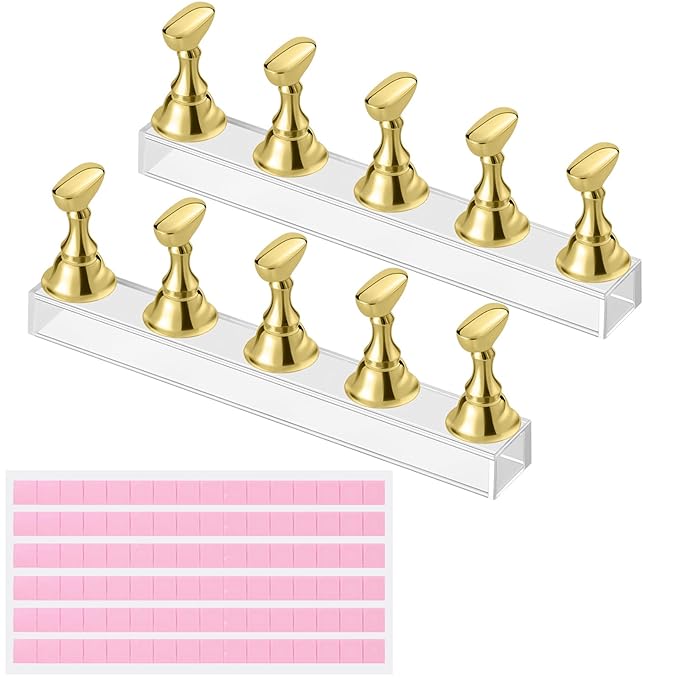Etercycle Nail Stand Press On Nail Stand Nail Holder for Painting Nails Magnetic Nail Tips Practice Stands with 80Pcs Reusable Putty (Gold)