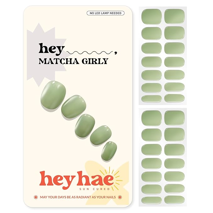 Heyhae Semi Cured Gel Nail Strips | No LED Lamp Needed | Solid, Green, Spring | Easy Apply & Remove, Salon Quality | Includes 28 Strips, 1 Prep Pads, Nail File & Wooden Stick - Hey, Matcha Girly