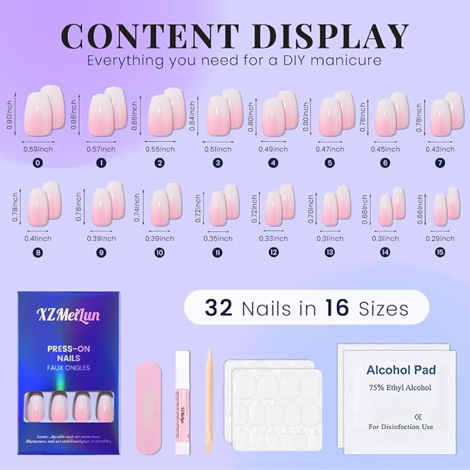 White Light Pink Ombre Press on Nails Coffin Acrylic Fake Nails Design, Natural Reusable Nails Kit for Women DIY False Nail Art Decoration Gift, Salon Quality Reusable 30 Pcs