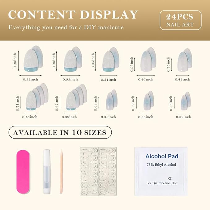 evpct Spring & Summer Press on Nails Medium Almond, Pearl White Blue Fake Nails Press ons 3D Lemon Design, Light Weight Perfectly Fit Fake Nails for Women, Fake Nail Kit with Kits Gel, 24Pcs