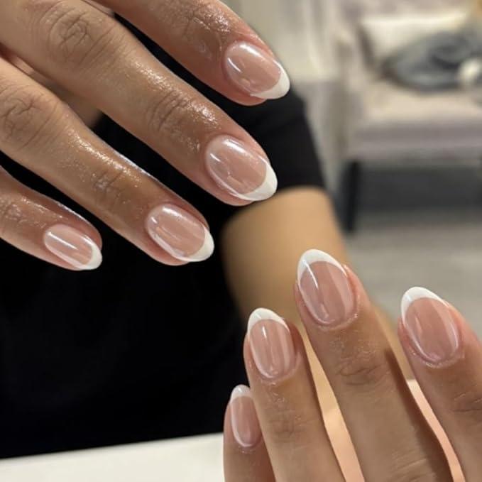 Lamemoria Pre-Design Brown Gel French Nail Tips, Short French Tip Press On Nails Oval Shape, Basic Fake Nails With Glue Tabs 240 Pcs/Set