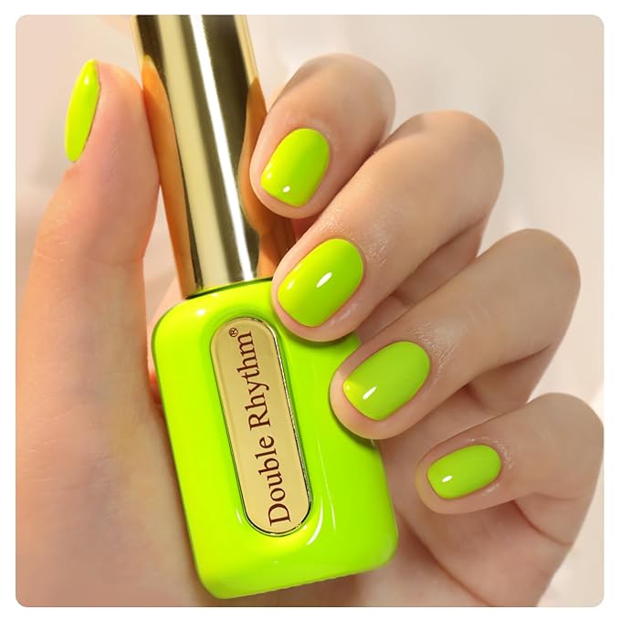 Double Rhythm 0.50 OZ Gel Polish Same Color Same Bottle Golden Round Hema Free Neutral Natural Milky 15 ML Jelly UV Polish Art DIY at Home (Neon Yellow Green-C1305)