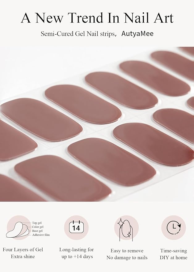 Semi Cured Gel Nail Strips (Chestnut N), Brown, 20 Pcs Fall Gel Nail Wraps, Stickers, UV Light Required, Salon Quality