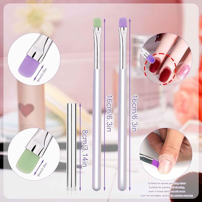 2pcs Nail Clean up Brushes, Painting Gel Manicure Brushes for Fingernails with Flat & Angled Acrylic Head Pen Painting Remover Tools for Nail Design Art & Polish Mistake Cleaning