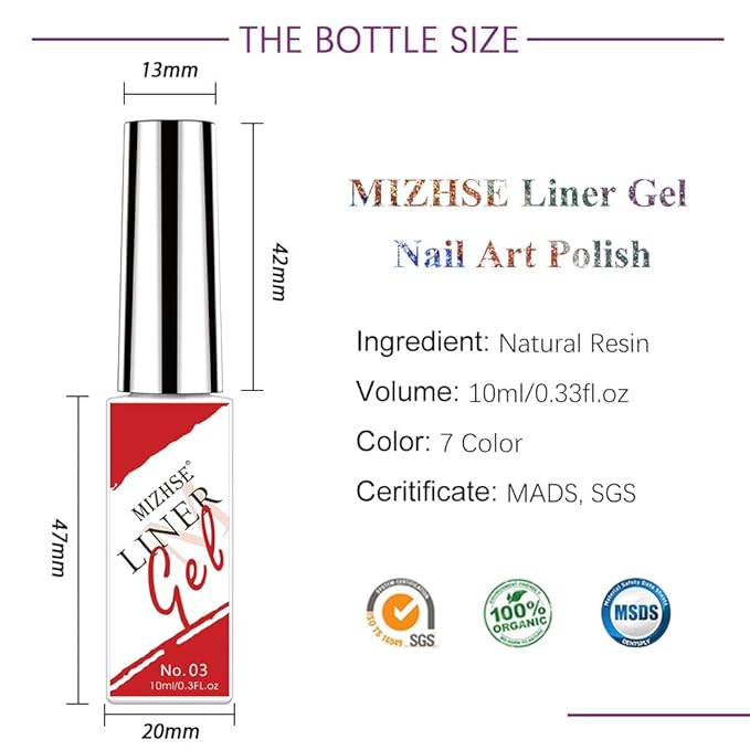 MIZHSE Gel Liner Set for Nail Art, Classic 7 Colors Painting Gel Polish, Drawing Gel Nail Liner Soak Off U V LED Nail Art Manicure Home DIY