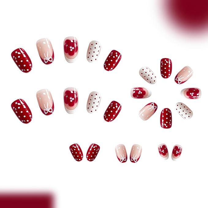 Press on Nails Short Oval MABKJLF French Tip Fake Nails Flower False Nails with Polka Dots Floral Designs Pink&White Glossy Glue on Nail Spring Summer Acrylic Nails for Women Girls 24Pcs