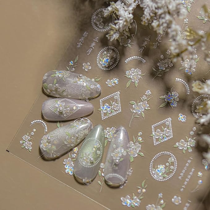 3D Spring Floral Nail Art Stickers, Pink and White Peach Pear Cherry Blossoms Design, Decorative Nail Decals (Delicate Flower)
