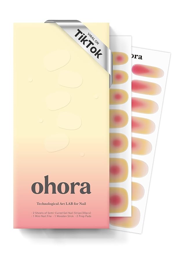 ohora Semi Cured Gel Nail Strips (N Tropical Dream) - Works with Any Lamps, Salon-Quality, Long Lasting, Easy to Apply & Remove - Includes 2 Prep Pads, Nail File & Wooden Stick