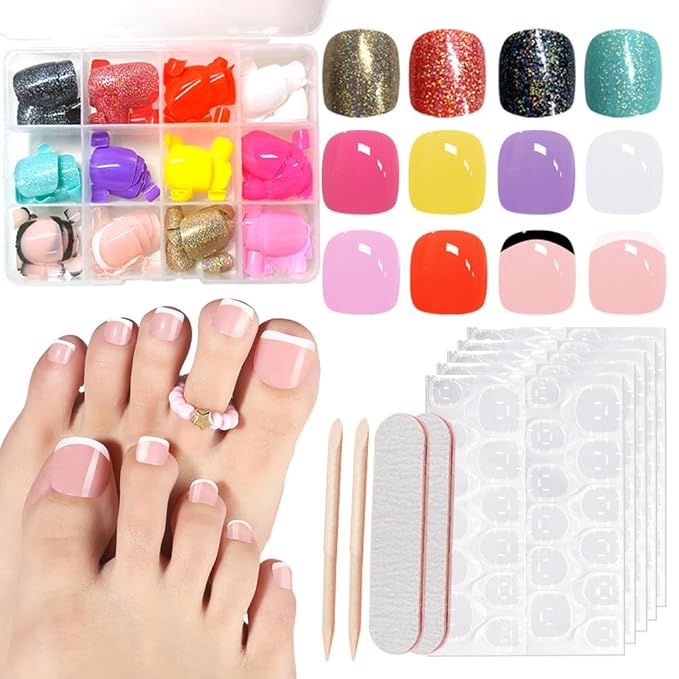 288Pcs Press on Toe Nails, 12 Color Press on Toenails Short Square 4 Glitter Toenails Full Cover 6 Solid Color Glossy False Nails for Feet,2 French Tip Toenail Kit for Women Manicure