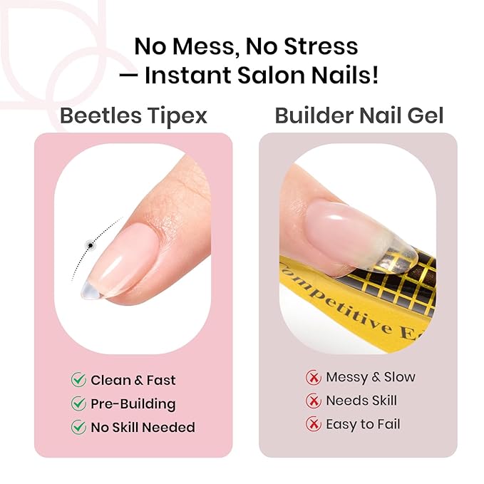Beetles Tipex Instant Apex Nail Tips, Almond Short, 16 Sizes (00–14), 192pcs, Built-In Apex, No Builder Gel Required, Thicker Strong Acrylic Tips for DIY Nail Extensions