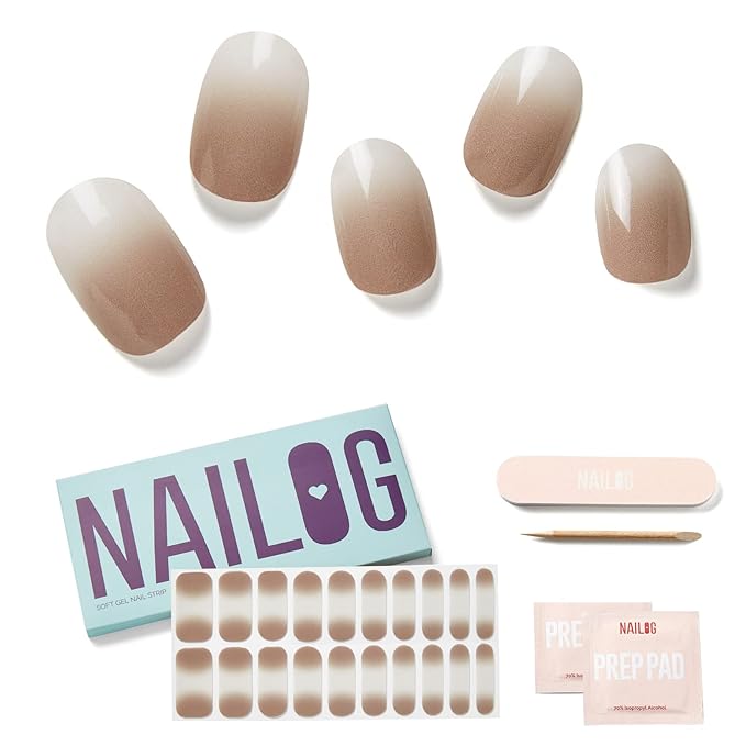 NAILOG Semi Cured Gel Nail Strips (20 Extra Long Polish Stickers/Wraps) │ Glossy & Long Lasting Soft Gel Finishing (Caffe Latte)