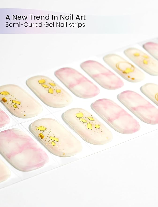 Semi Cured Gel Nail Strips | Built-In Gel Top Coat | UV Light Required | Salon Quality, Easy Application And Removal (Gilded Marble Dream）