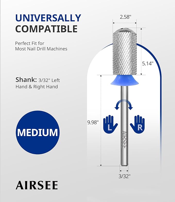 AIRSEE Tungsten Carbide Acrylic Nail Drill Bit Efile Electric File Machine Head Tip for Manicure Polishing Art Remove Gel 3/32" 2 Way Beginner Safety Round Top Cylinder Barrel Medium-M