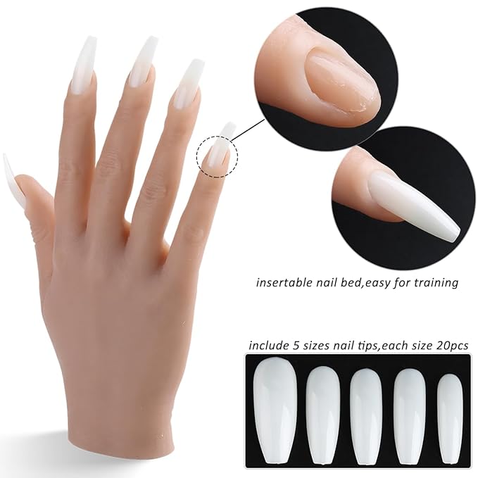 Silicone Practice Hand for Acrylic Nails, Soft Flexible Fake Hand Practice Nail Acrylic Technician Fake Nail Mannequin Hand with 100PCS False Nail Tips, Nail Art Beginner Kit Training Tools